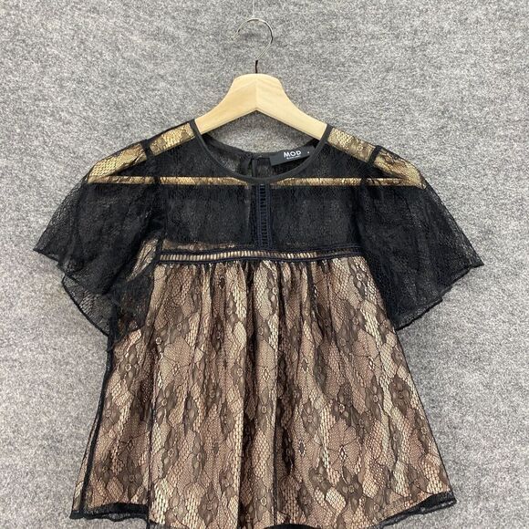 Mod Blouse Women S Small Black Lined Crochet Round Neck Short Sleeve Hook & Eye - Picture 3 of 9